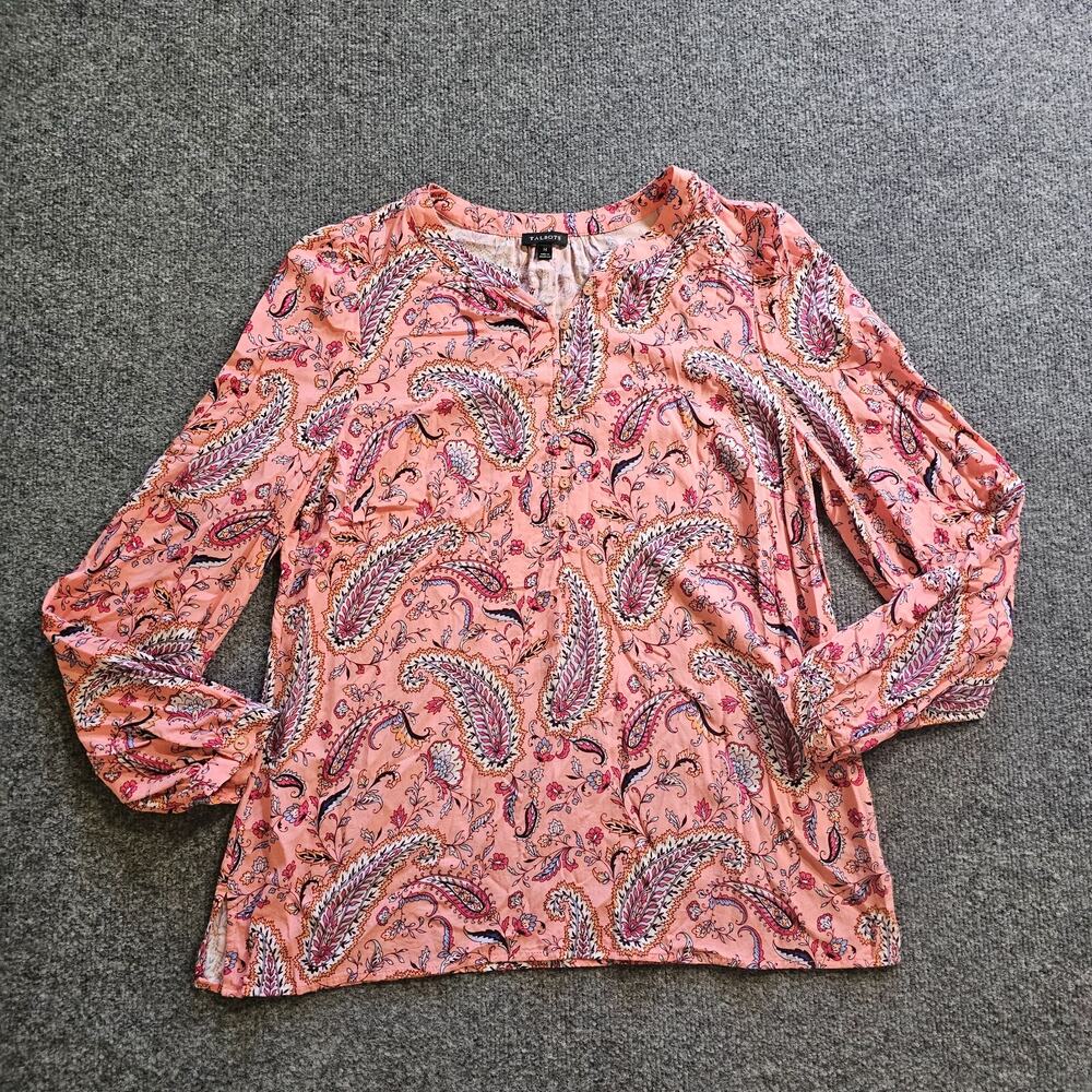 Talbots Top Womens Size Medium Pink Paisley V Neck Long Sleeve Popover Casual
